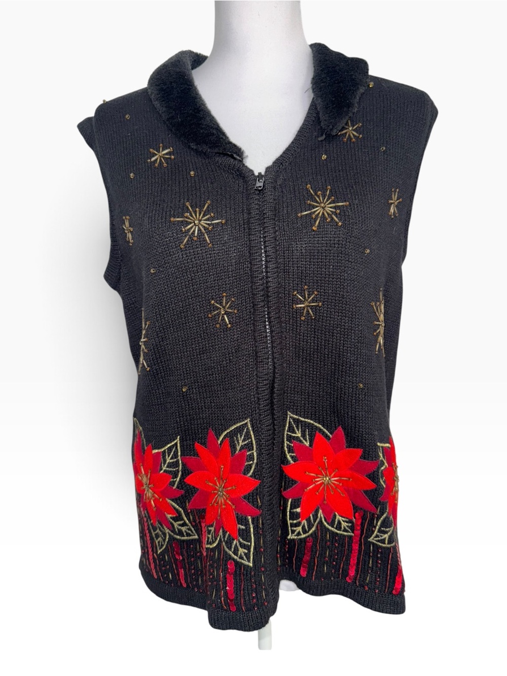 Kim Rogers NWT Medium Christmas Sweater Vest Poinsettia Sequin Faux Fur Collar